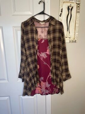 ODDY S Mixed Media Plaid Floral Velvet Tunic Boho Grunge Button Down Top